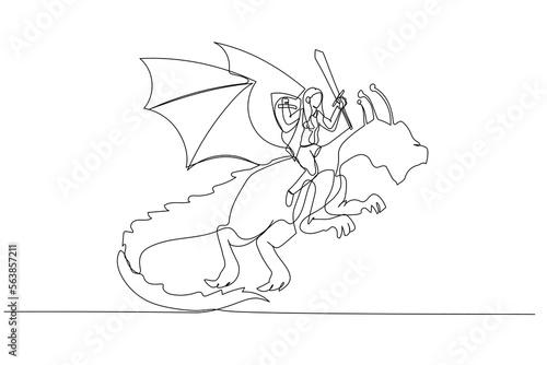 Cartoon of businesswoman riding a dragon concept of overcoming adversity and courage. Single continuous line art