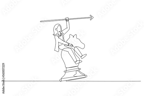 Cartoon of businesswoman riding chess horse metaphor for business fighting and strategy. One continuous line art style