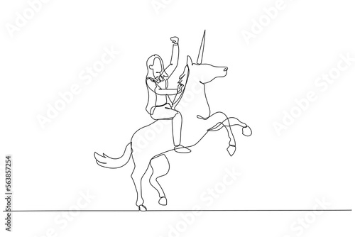 Cartoon of businesswoman riding a unicorn and having billion dollar valuation company. Single continuous line art style