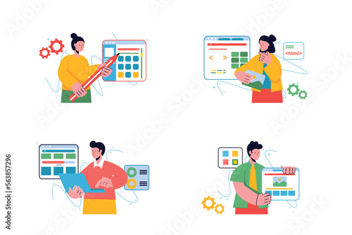 Web design set concept with people scene in the flat cartoon style. Designers develop structure for new web-sites. Vector illustration. © Andrey
