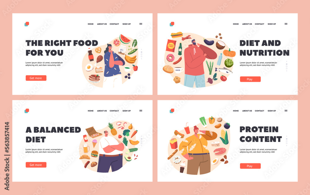 Food Choice Landing Page Template Set. Male Female Characters Choose