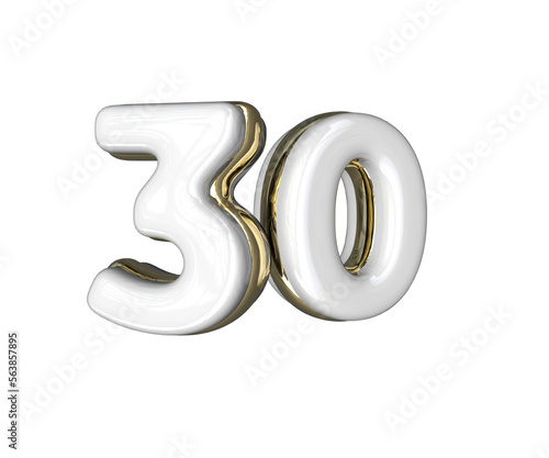 Realistic Number 30 3D render with Gold and white colors