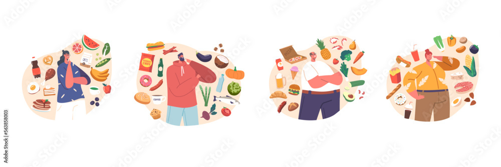 Obraz premium Food Choice Concept With Male And Female Characters Choose Between Healthy And Unhealthy Meals. Products Priorities