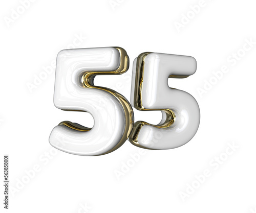 Realistic Number 55 3D render with Gold and white colors