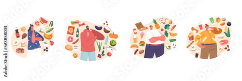 Food Choice Concept With Male And Female Characters Choose Between Healthy And Unhealthy Meals. Products Priorities