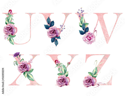 Watercolor floral alphabet for wedding invitations, greeting card, birthday, logo, poster and other.