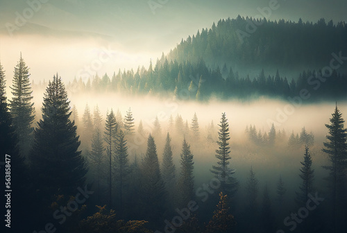 Leinwand Poster Misty foggy landscape with coniferous trees