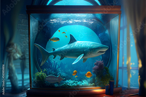 Great white shark swims in a home aquarium. AI generated.