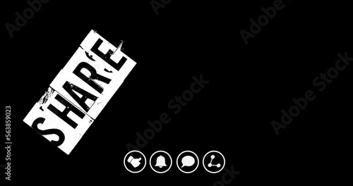 Like, subscribe, comment and share icons and words. Social media account, streaming or channel interface. Glitch effect. 4K animation with alpha channel