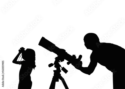 Man and child with telescope in search of a star. Vector illustration in flat style