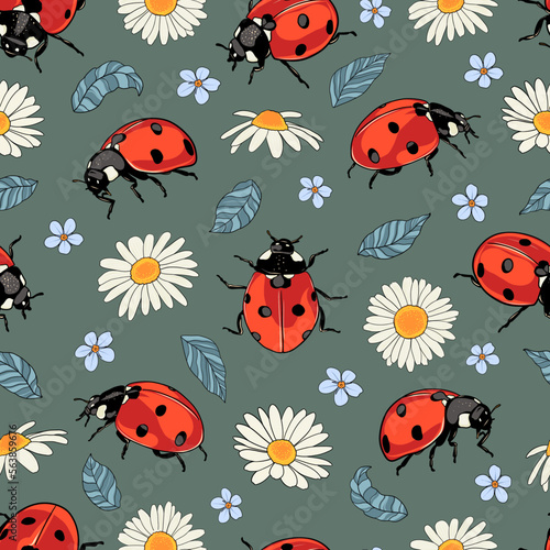 Cartoon ladybug and daisy flowers seamless pattern. Graphic pattern for fabric or textile.
