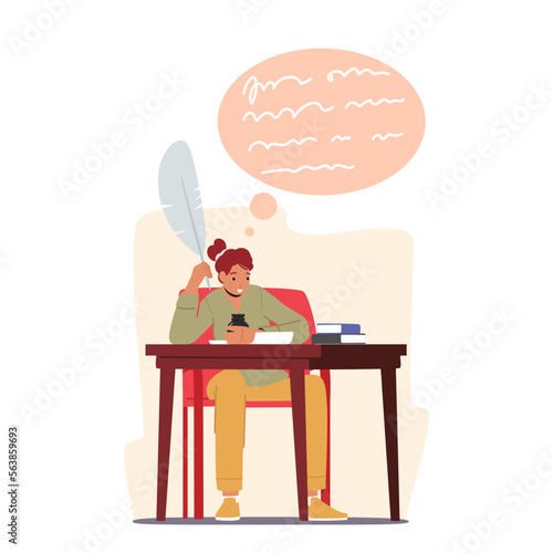 Creative Female Character Writer, Poet or Editor Sitting at Desk with Inkwell, Feather Pen, Inspired Woman Writing Book