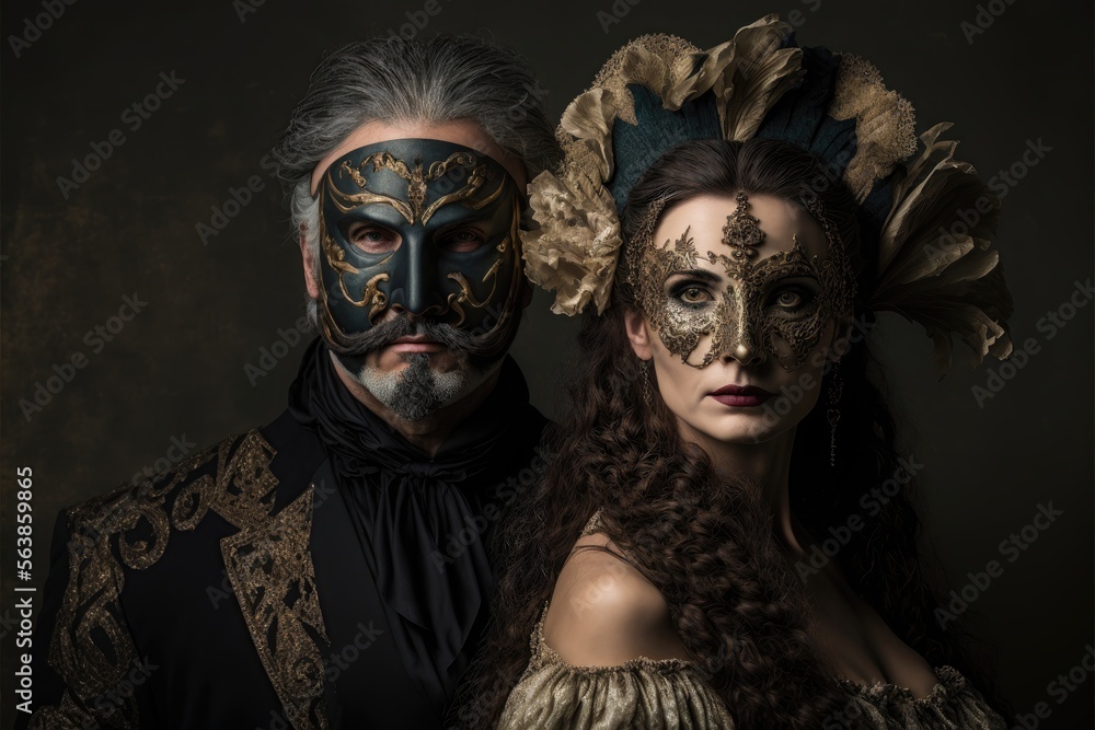 Generative AI photography portrait of couple with masks and typical costume of carnival venice, background of the city of venice Generative AI photography portrait of couple with masks and typical costume of carnival venice, background of the city of venice