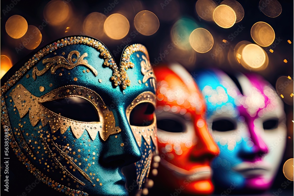 Generative AI photograph of golden carnival masks background with bokeh lights
