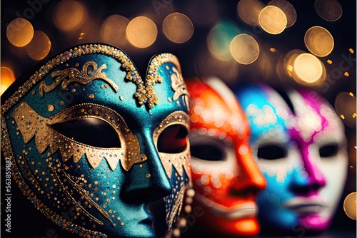Generative AI photograph of golden carnival masks background with bokeh lights