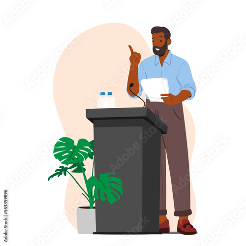 African Speaker Male Character Reporting or Announcing on Rostrum during Press Conference, Debates or Briefing