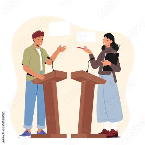 Male Female Politician Characters Debate On Rostrum for Gender Equality. Debate Before Vote Concept with Leaders