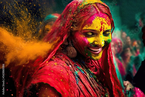 Indische Frau mit farbigem Puder bestäubt, India Holi Festival - ai generated photo