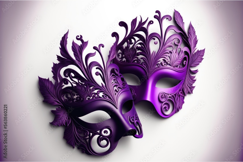 Generative AI illustration of purple carnival masks, white studio background - obrazy, fototapety, plakaty 