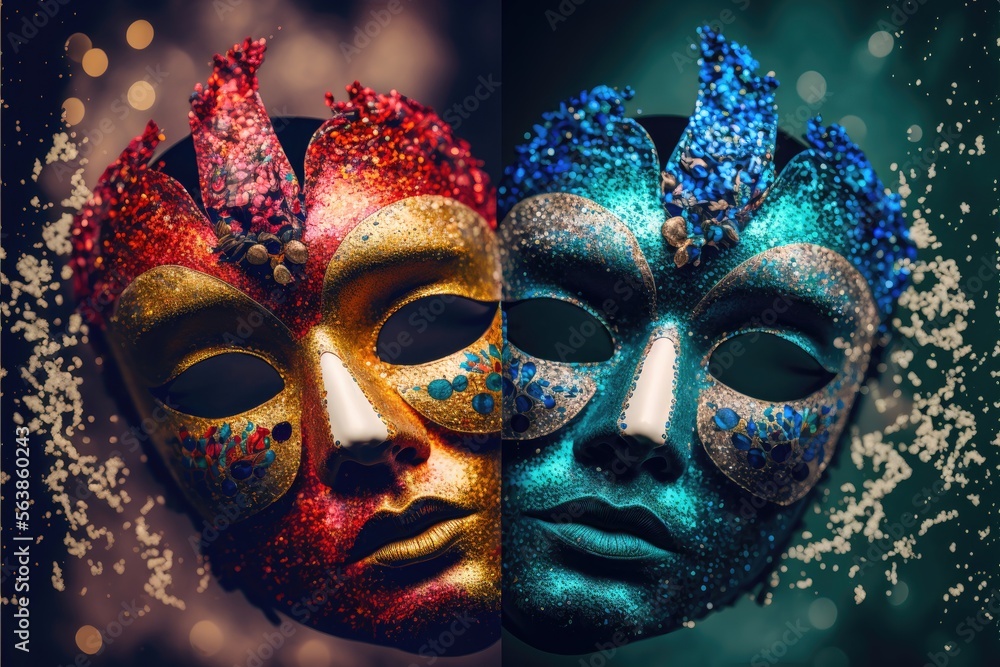 Generative AI photograph of golden carnival masks background with bokeh lights	
