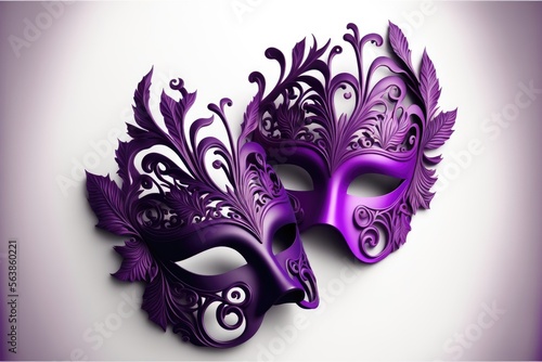 Generative AI illustration of purple carnival masks, white studio background