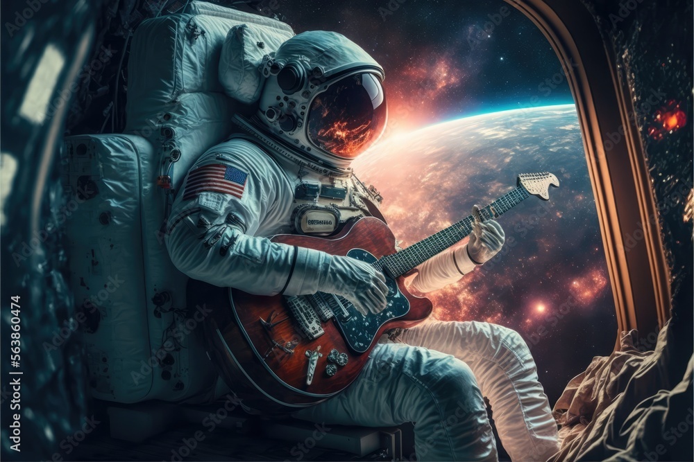 Obraz premium astronaut in space playing guitar made with generative ai