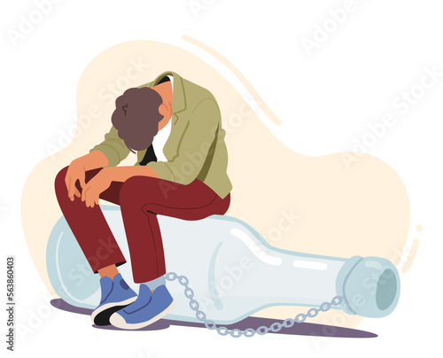 Drunk Male Character Chained to Alcohol Bottle. Problems in Life, Alcohol Addiction Concept with Male Character
