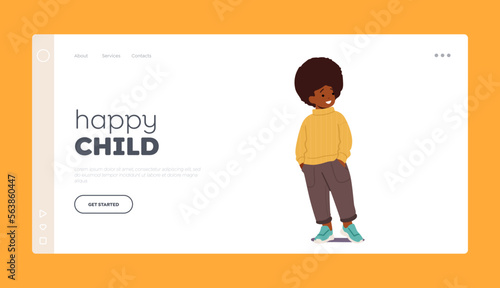 Happy Child Landing Page Template. Little African American Boy with Curly Hair Standing with Arms in Pockets