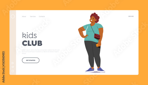 Kids Club Landing Page Template. Overweight Dark Skin Girl, Young Woman Stand with Arm Akimbo. Cheerful Plump Teenager