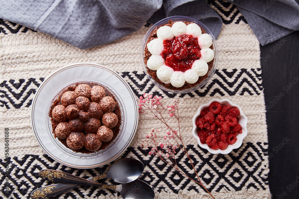 Aesthetic no baking vegan dessets. Trendy gluten free raspberry, cherry cupcakes flat lay. Dreamy Escapism concept Aesthetic no baking vegan dessets. Trendy gluten free raspberry, cherry cupcakes flat lay. Dreamy Escapism concept