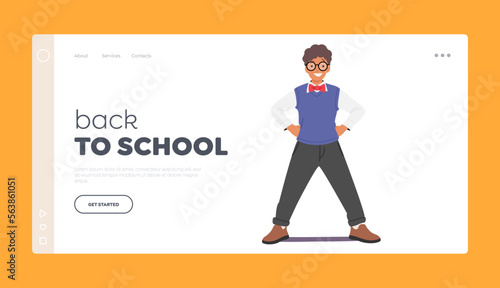 Back to School Landing Page Template. Happy Little Boy Wear Glasses. Child Character Smiling. Happy Emotion
