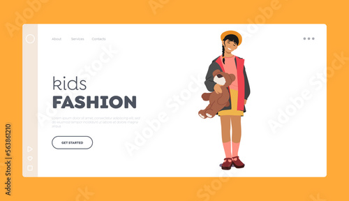 Kids Fashion Landing Page Template. Little Asian Girl with Teddy Bear Toy, Child Playing, Having Fun and Recreation