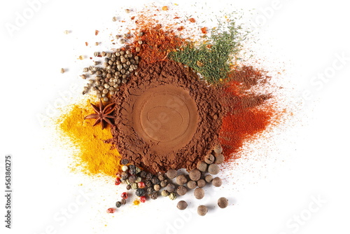 Mixed spice, cocoa powder, allspice, colorful peppercorns, turmeric, star anise, coriander, chopped hot pepper, dill, cinnamon ground, cayenne pepper isolated on white, top view 