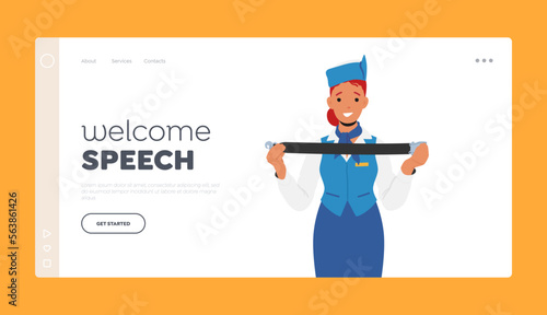 Stewardess Welcome Speech Landing Page Template. Flight Attendant Ask Passengers to Fasten the Belt. Air Hostess Girl