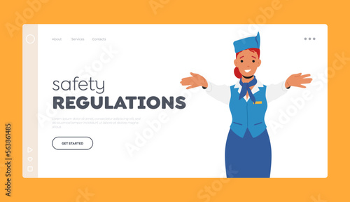 Safety Regulations Landing Page Template. Stewardess Air Hostess in Uniform and Cap Explain Information to Passengers