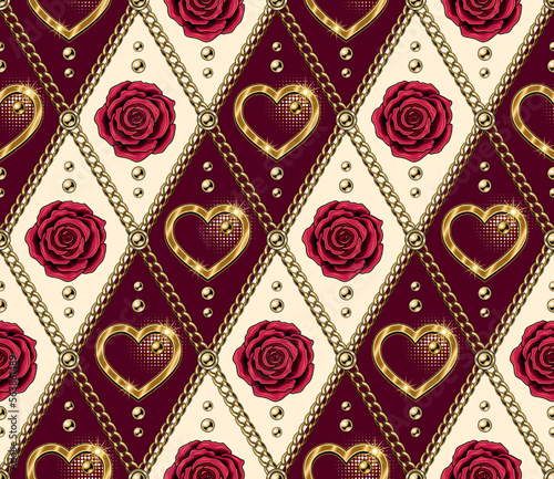Valentines day seamless geometric background with romantic symbols, gold chains, heart, beads. Diagonal rhombus grid pattern for wedding, engagement event, Valentines Day, gift decoration.
