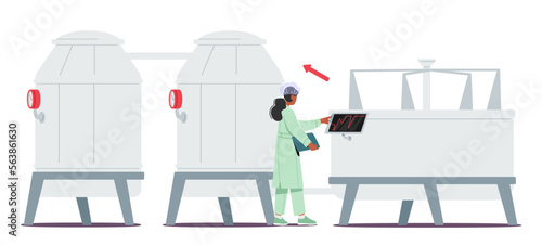Manufacture, Industry and Dairy Food Production. Woman Technologist Switch On Tanks for Milk Pasteurization on Factory