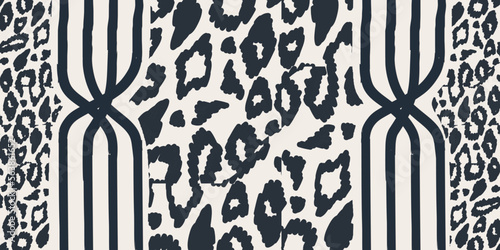 Modern hand drawn abstract striped leopard skin pattern. Collage black and white print. Fashionable template for design.