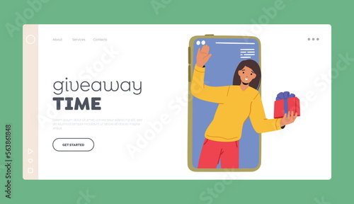 Giveaway Time Landing Page Template. Female Character Holding Gift Box on Huge Smartphone Screen, Social Spam