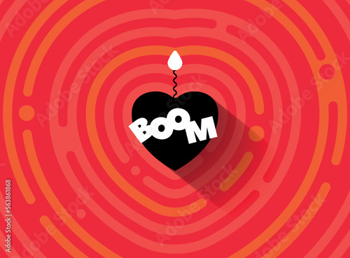 Exploding heart with a fuse and fire. Valentine's card in cartoon comic style. Text BOOM. Hot love Vector illustration. Abstract red explosive circles, flat round shapes. Сoncentric pattern banner