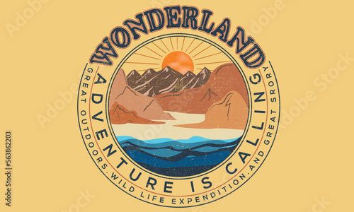 Wonderland graphic print design. Rocky mountain river artwork for t-shirt, poster and others.