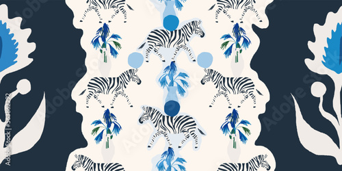 Hand drawn abstract floral ethnical style pattern with zebras. Collage contemporary print. Fashionable template for design.