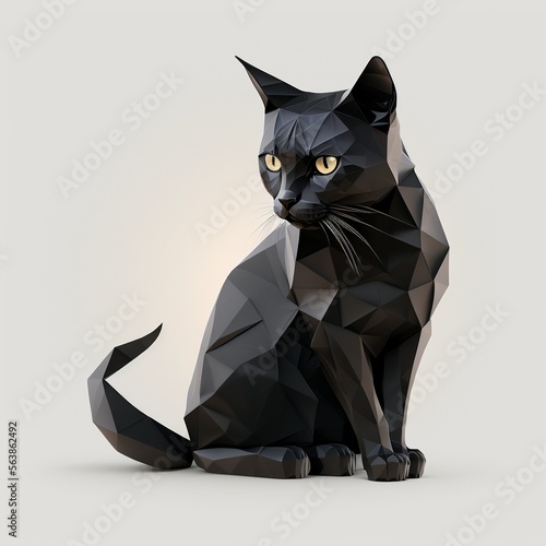Black cat in polygonal style. Geometric sitting cat on white background. Generative AI