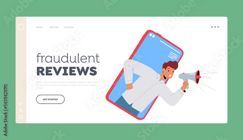Fraudulent Reviews Landing Page Template. Business Man Shout to Megaphone or Loudspeaker from Smartphone Screen