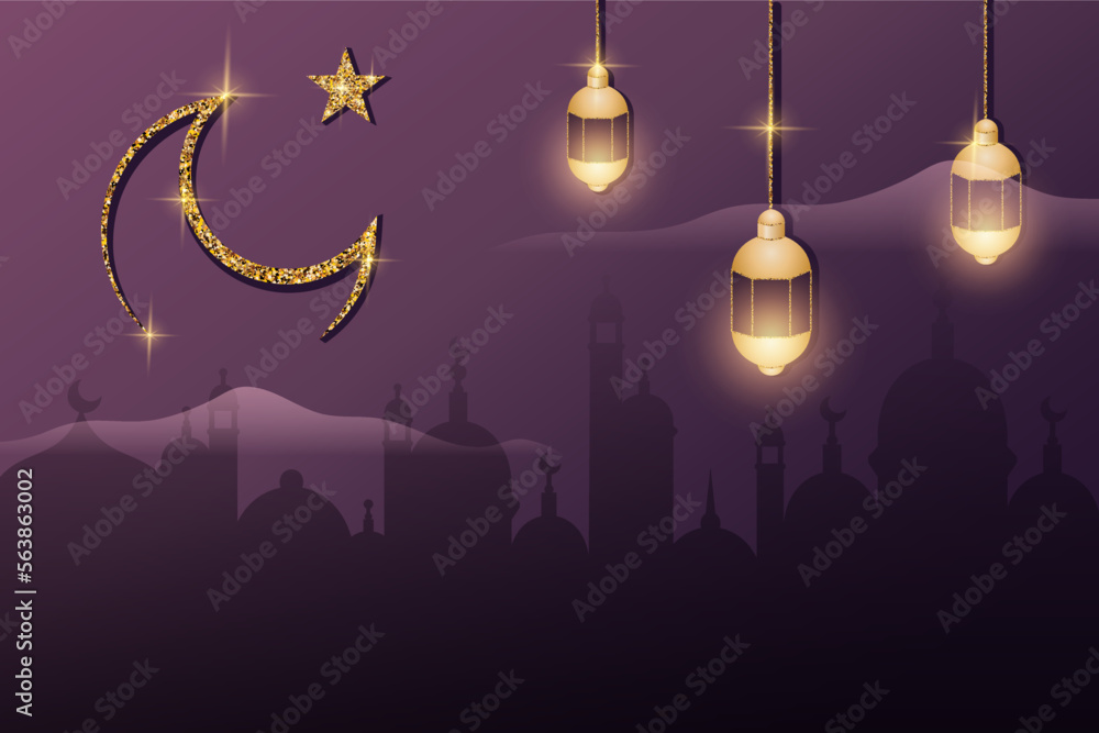 3d banner for celebration Holy Month of Muslim Community. Religion concept. Islamic mosque silhouette with gold moon, lantern. Eid mubarak greeting card. Vector illustration in realistic style 3d banner for celebration Holy Month of Muslim Community. Religion concept. Islamic mosque silhouette with gold moon, lantern. Eid mubarak greeting card. Vector illustration in realistic style