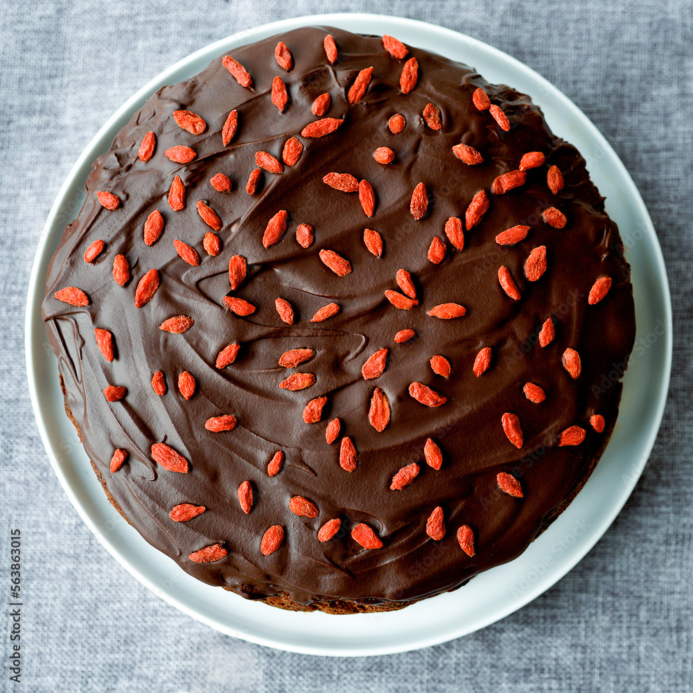 Aged cake, with dried fruit and brandy. Traditional aged English fruitcake for Christmas. Chocolate covered with guji berries. Christmas cake with alcohol. Very tasty, perfect for the festive table.