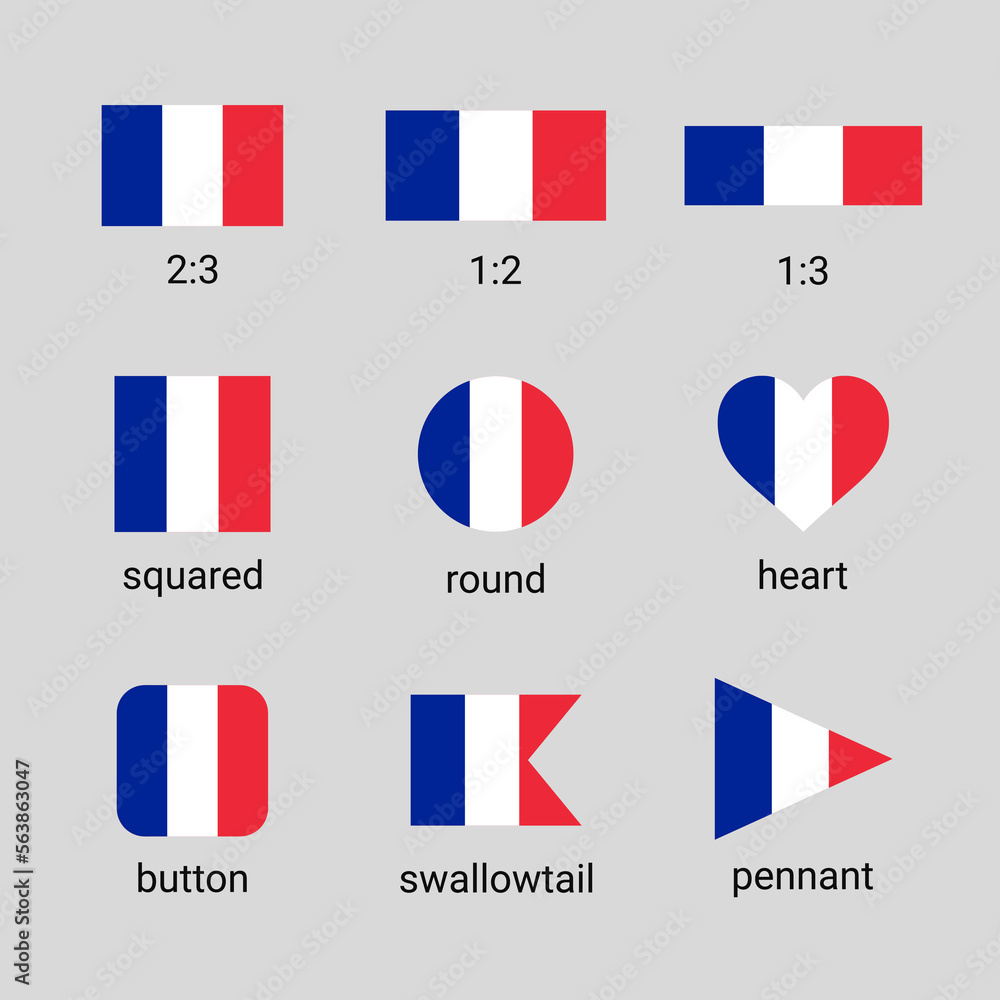 Fototapeta premium Vector collection of French flags in different shapes and ratio. France flag high quality set