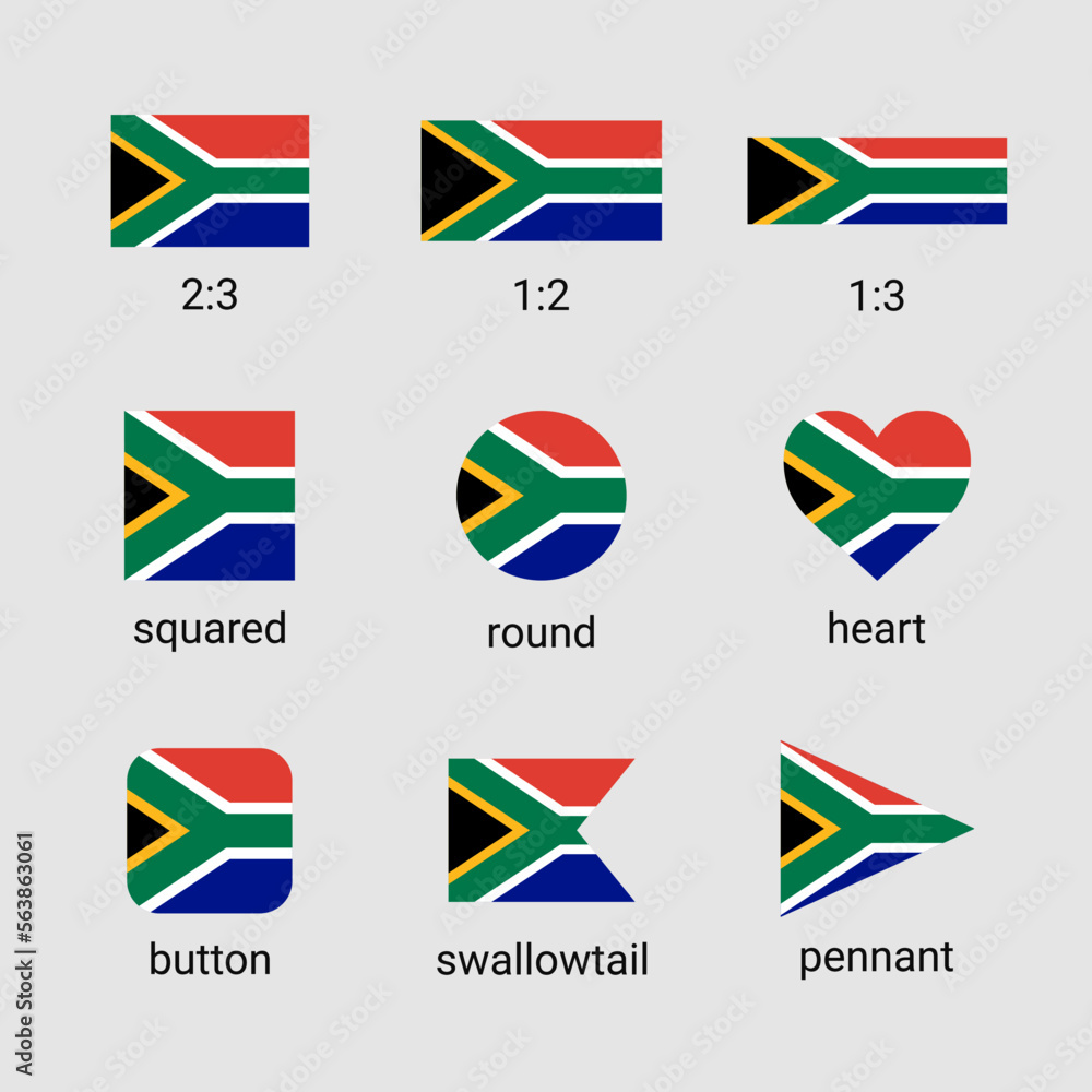 Vector collection of South Africa flags in different shapes and ratio. Republic of South Africa flag high quality set Vector collection of South Africa flags in different shapes and ratio. Republic of South Africa flag high quality set