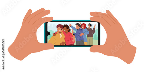 Human Hands Holding Smartphone with Picture of Happy Teen Characters Company Posing for Photography