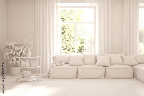 Mock up of stylish room in white color with sofa and green landscape in window. Scandinavian interior design. 3D illustration